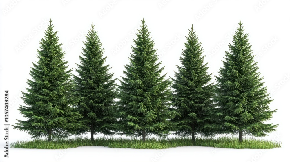 Group of spruce trees with deep green branches, symbolizing evergreen beauty, isolated on white background Group of spruce trees with deep green branches, symbolizing evergreen beauty, isolated on white background