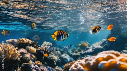 Coral reef teeming with colorful fish in crystal-clear water