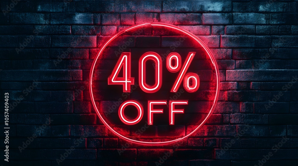 Fototapeta premium Red Neon '40% OFF' Sign on a Brick Wall