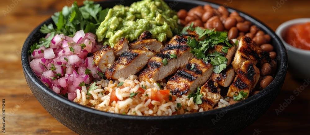 A vibrant bowl featuring grilled chicken, rice, guacamole, beans, and fresh toppings. A vibrant bowl featuring grilled chicken, rice, guacamole, beans, and fresh toppings.