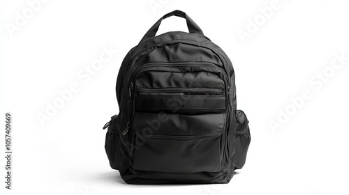 A black backpack front view, isolated on white. Subject photography of stylish black backpack in casual style on white background. Black knitted backpack with zippers and fasteners.