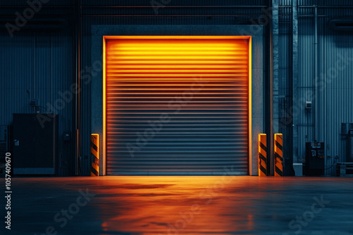 A garage with a roller shutter door that is closed and a light shining on it. photo