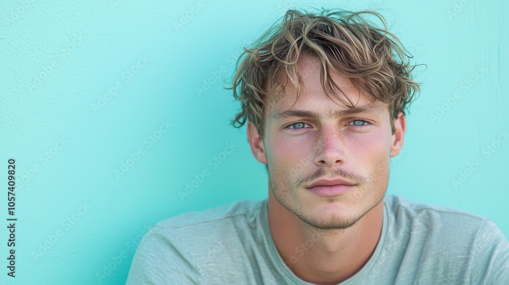 Fototapeta premium Contemplative young man against vibrant turquoise background capturing the essence of modern lifestyle and self-expression