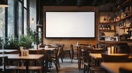 A large blank TV screen mounted on a wall in a coffee shop., cafe. Bright modern interior. A large plasma TV in a restaurant