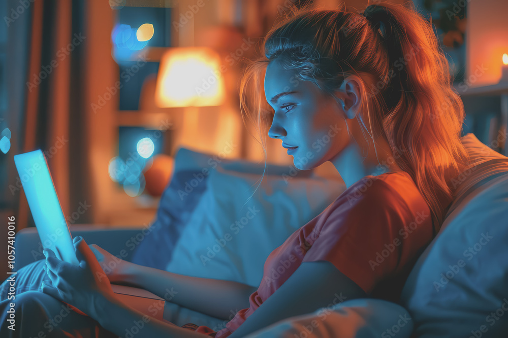 Woman wearing a red t-shirt sitting on a chair using a laptop There is a blue light from the screen. Woman wearing a red t-shirt sitting on a chair using a laptop There is a blue light from the screen.