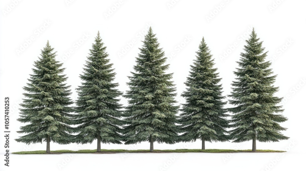 Obraz premium Group of tall fir trees with deep green foliage, representing a forested landscape, isolated on white background