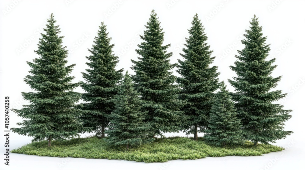 Fototapeta premium Group of tall fir trees with deep green foliage, representing a forested landscape, isolated on white background