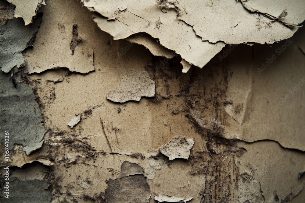 Obraz premium The image depicts a rough layered surface with peeling paper, revealing a complex texture beneath, showcasing natural weathering and a rich visual depth.