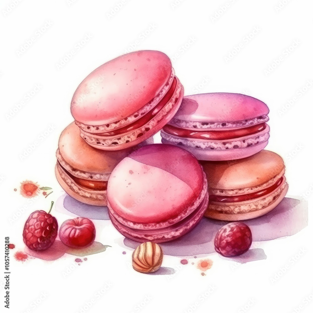 Fototapeta premium Pink macarons with raspberries and nuts.