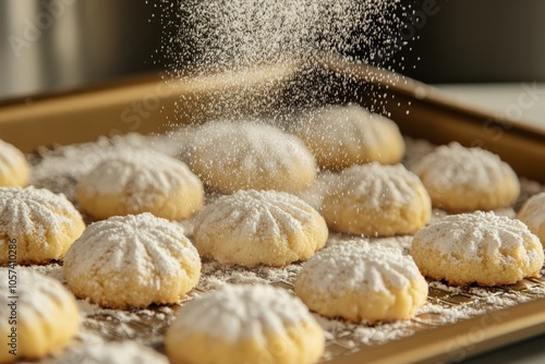 This photograph shows a tray of freshly baked cookies being sprinkled with a generous layer of powdered sugar, capturing a moment of baking delight and sweetness. photo