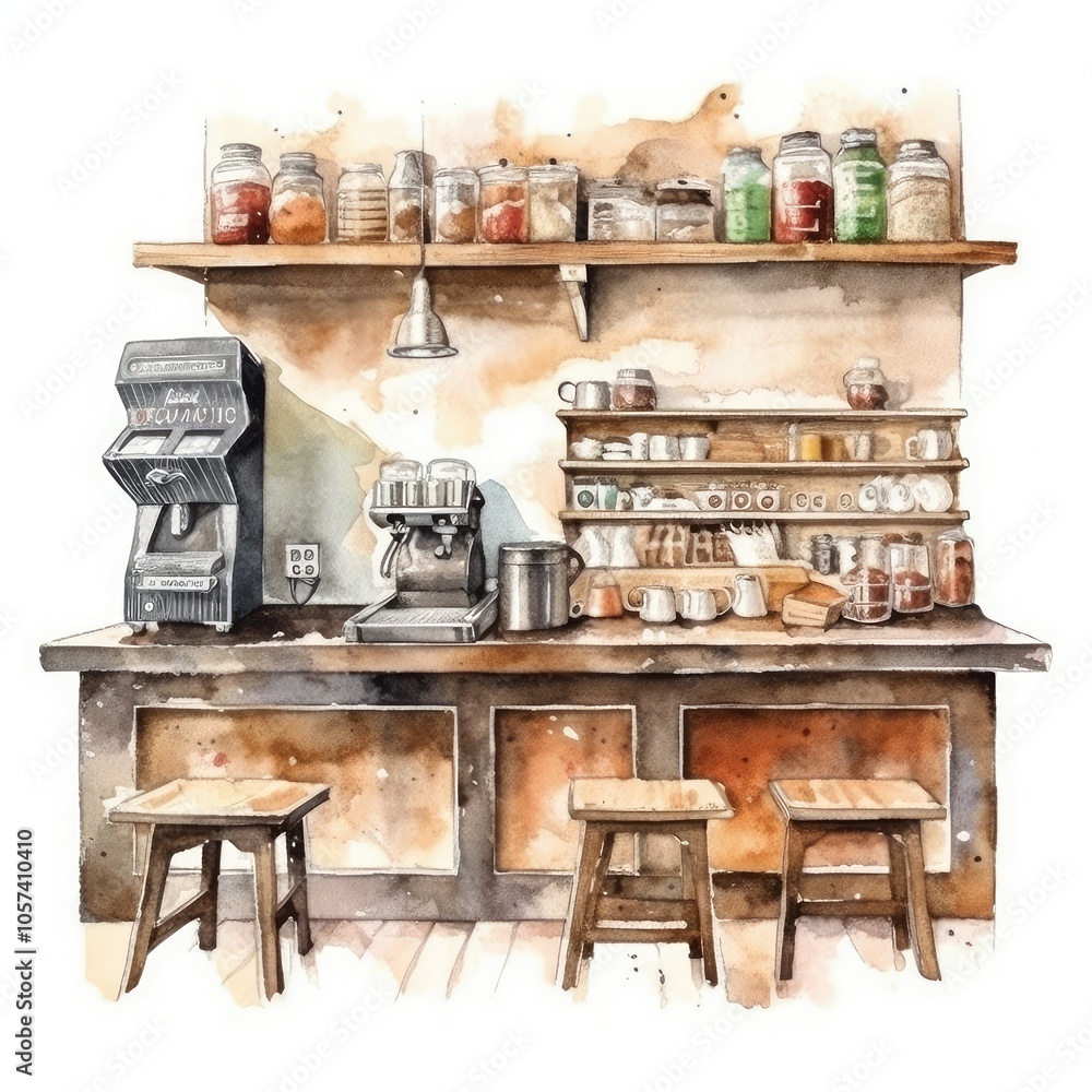 Rustic coffee shop counter with stools and shelves. Rustic coffee shop counter with stools and shelves.