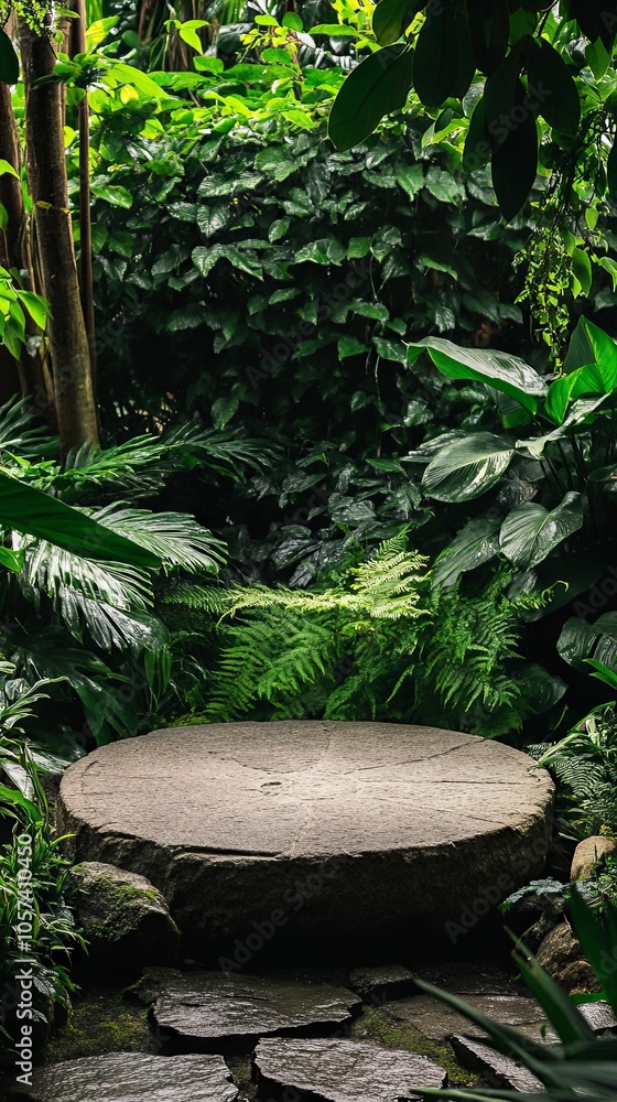 A large, round stone platform is surrounded by lush green foliage. Background of tropical plants with large leaves A large, round stone platform is surrounded by lush green foliage. Background of tropical plants with large leaves