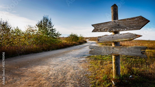 An old wooden road sign stands next to an old dirt road.