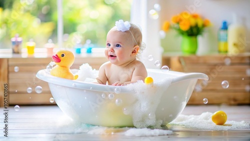 A baby in a bathtub filled with bubbles, holding a yellow rubber duck, surrounded by baby bath products like shampoo and soap