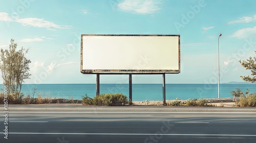 An outdoor billboard mockup with a summertime seaside backdrop road. A large billboard near the road with the ocean in the background photo