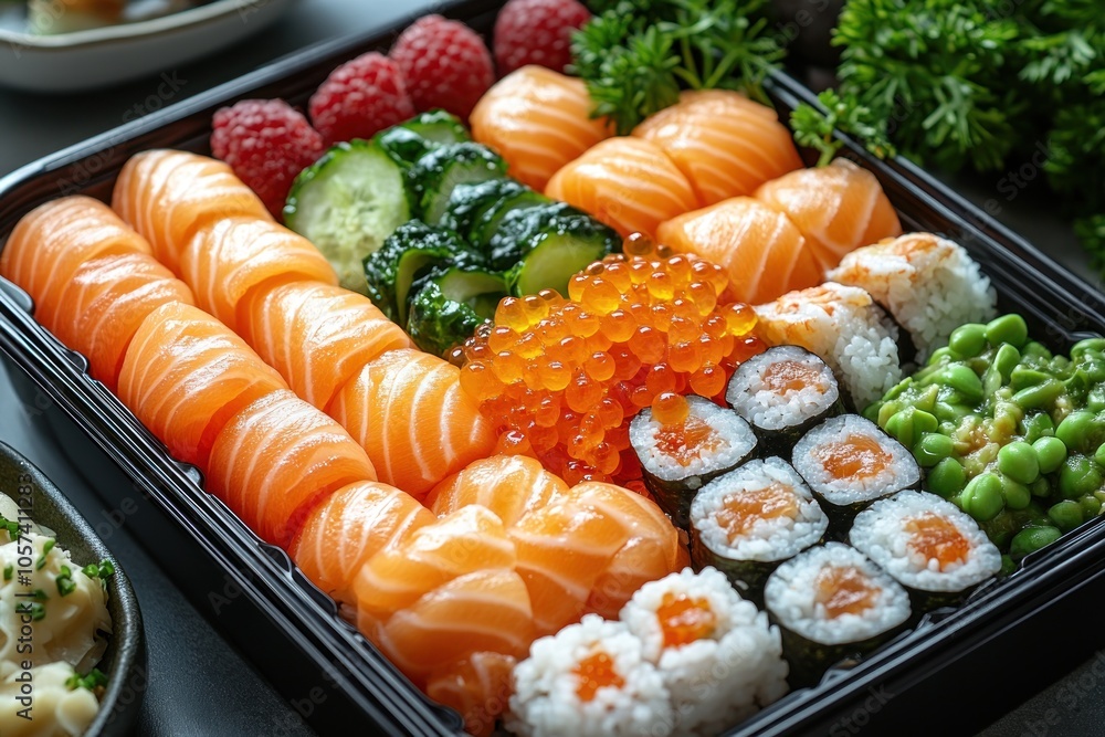 A vibrant sushi platter featuring salmon, roe, and various rolls, perfect for sharing. A vibrant sushi platter featuring salmon, roe, and various rolls, perfect for sharing.