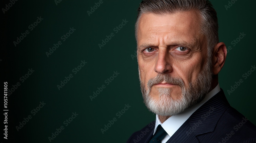 Confident businessman in formal attire a portrait of leadership and authority against a dark green background Confident businessman in formal attire a portrait of leadership and authority against a dark green background