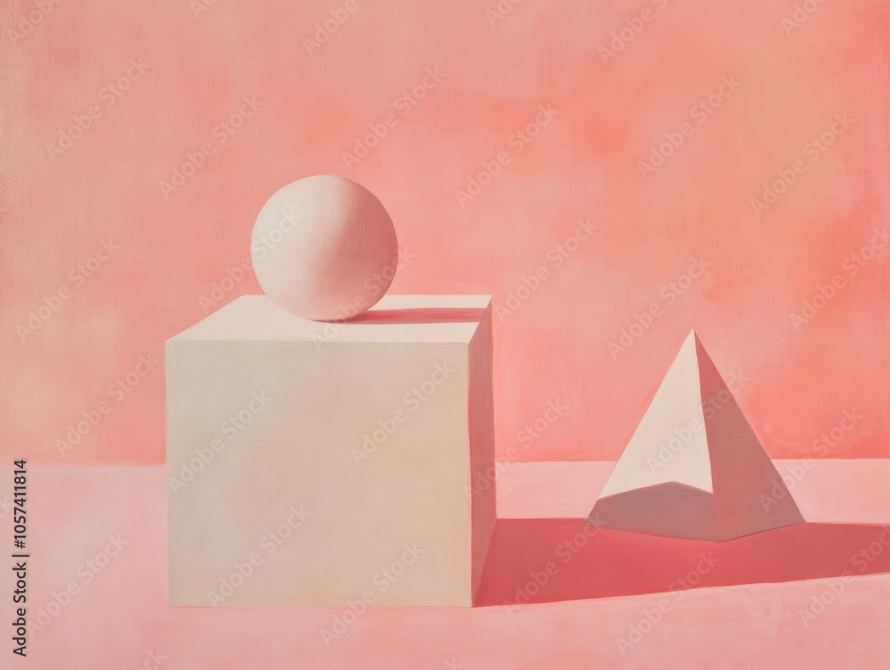 Pink and white geometric shapes, a sphere on top of a cube on the left side, a pyramid shape in the front right, minimal background, a still life, a pastel color palette, soft lighting, a natural look Pink and white geometric shapes, a sphere on top of a cube on the left side, a pyramid shape in the front right, minimal background, a still life, a pastel color palette, soft lighting, a natural look