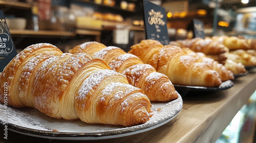 Bakery Showcase of Flaky Croissants Topped with Powdered Sugar, Warm and Inviting, Perfect for Breakfast or a Sweet Treat Bakery Showcase of Flaky Croissants Topped with Powdered Sugar, Warm and Inviting, Perfect for Breakfast or a Sweet Treat