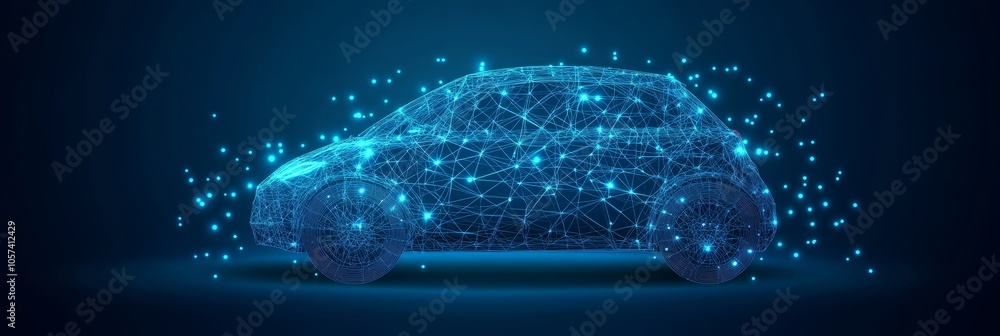 Obraz premium Digital Car Connecting Dots and Triangles in a Futuristic Automotive Innovation Illustration