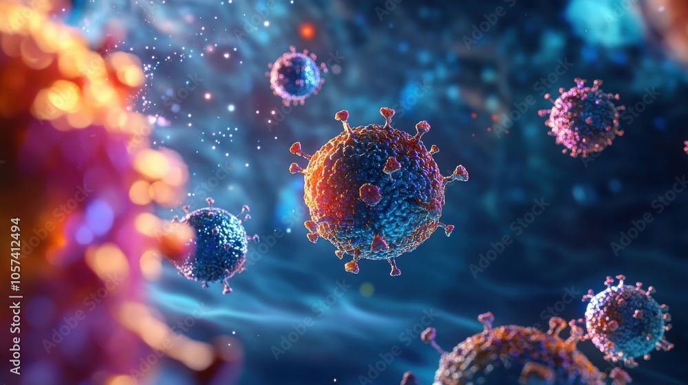 Flu virus particle replicating inside a cell, microscopic view Flu virus particle replicating inside a cell, microscopic view
