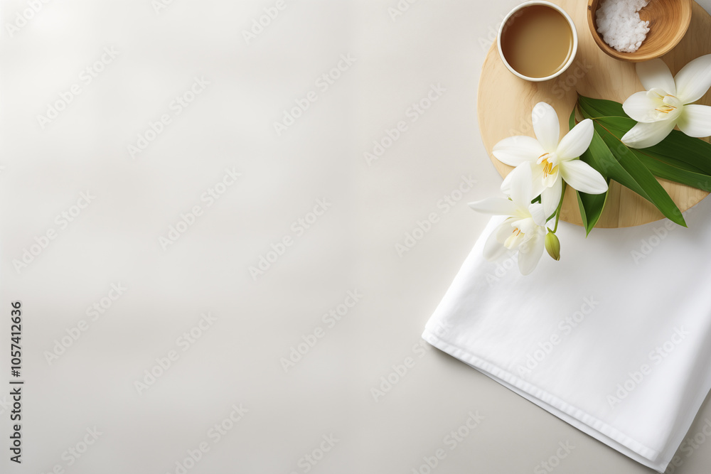 Serene Spa Setup With Orchids and Herbal Tea - Space for Text Serene Spa Setup With Orchids and Herbal Tea - Space for Text