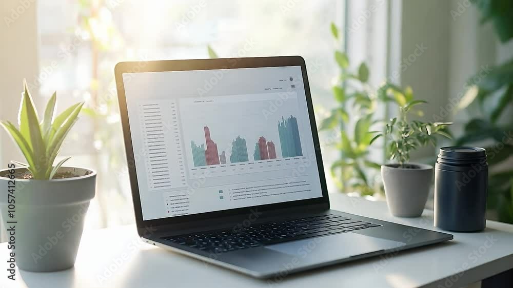 A modern laptop mockup with white screen on financial accounting of profit summary graphs analysis background A modern laptop mockup with white screen on financial accounting of profit summary graphs analysis background