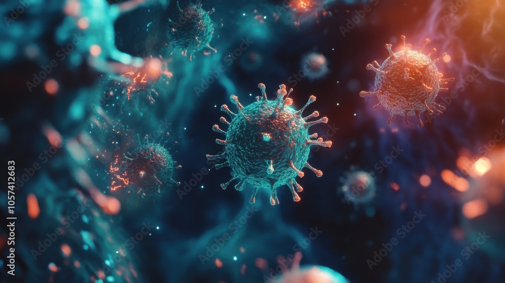 Flu virus particles being attacked by the immune system, Flu virus particles being attacked by the immune system,