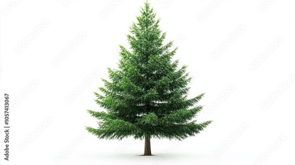 Single spruce tree with dense green branches, representing forest life, isolated on white background Single spruce tree with dense green branches, representing forest life, isolated on white background