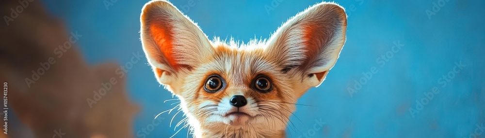 Obraz premium Small fennec fox with a shocked face, large ears and big eyes, against a blue backdrop, humorous and dynamic