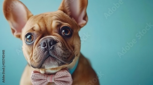 Small French bulldog wearing a bow tie on a light blue background, charming and stylish photo