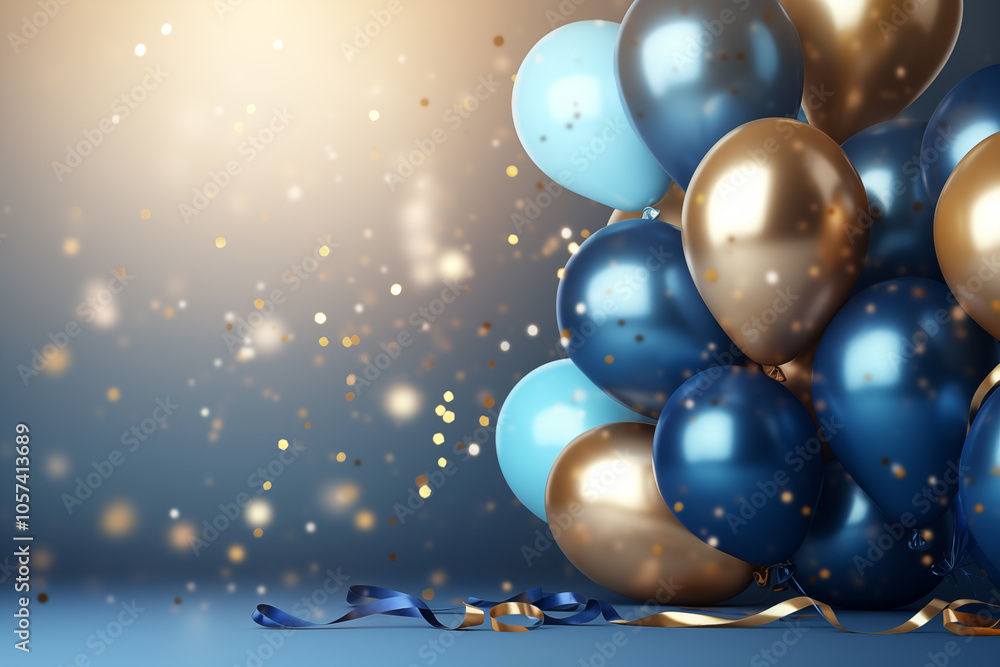Elegant Blue and Gold Balloons on Festive Background - Space for Text Elegant Blue and Gold Balloons on Festive Background - Space for Text