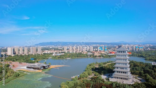 Aerial Scenery of Chang'an Tower in Xi'an World Expo Park, Shaanxi, China photo