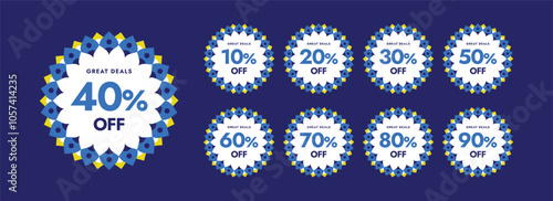 Diwali Deals Offer Set of different percentage discount tags 10, 20, 30, 40, 50, 60, 70, 80, 90 percent off discount labels, vector illustration