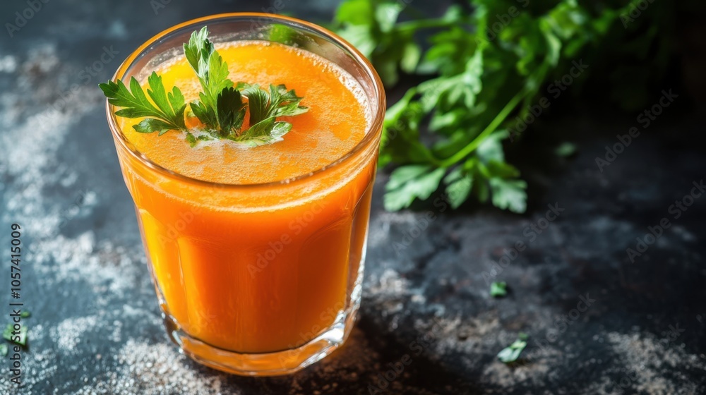 Glass of freshly squeezed carrot juice with a sprig of parsley Glass of freshly squeezed carrot juice with a sprig of parsley