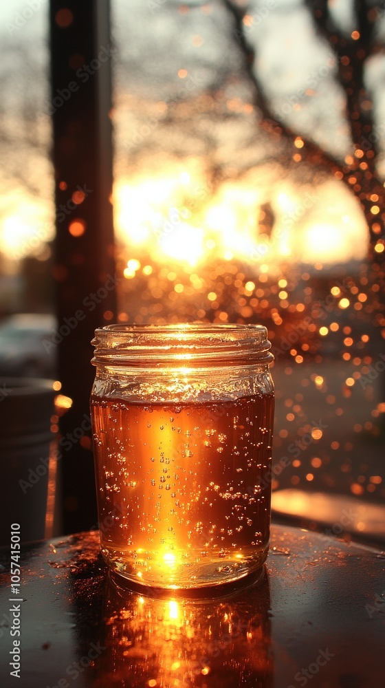 Enchanting Sunset Light Illuminates Sparkling Beverage in Glass Jar on Table by Window with Scenic View and Falling Raindrops Creating Magical Atmosphere Enchanting Sunset Light Illuminates Sparkling Beverage in Glass Jar on Table by Window with Scenic View and Falling Raindrops Creating Magical Atmosphere