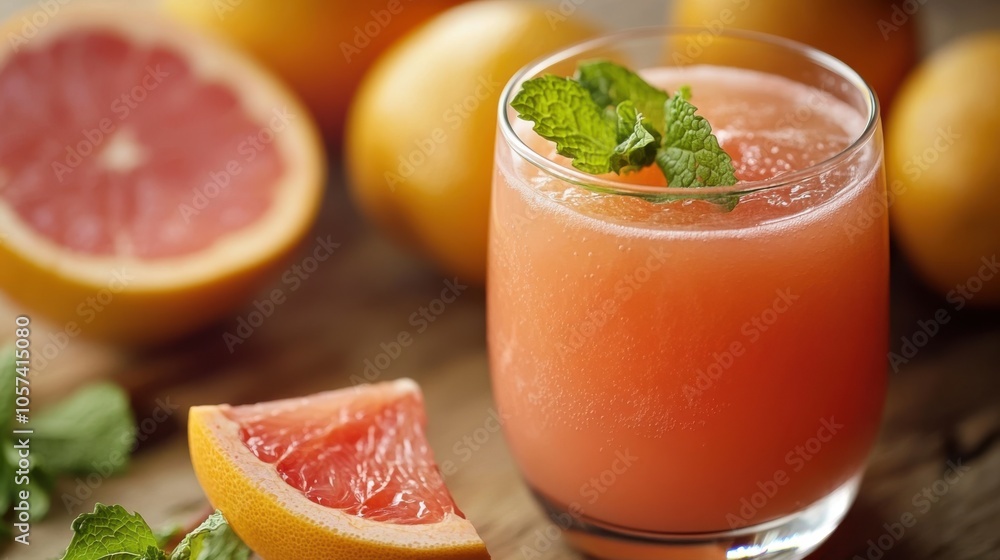 Glass of freshly squeezed grapefruit juice with a hint of mint Glass of freshly squeezed grapefruit juice with a hint of mint