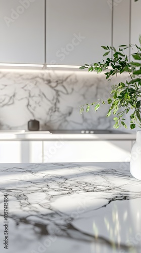 Close up of a marble table top in a white modern kitchen with built in cabinets and a counter. Interior of a showcase cooking room mockup