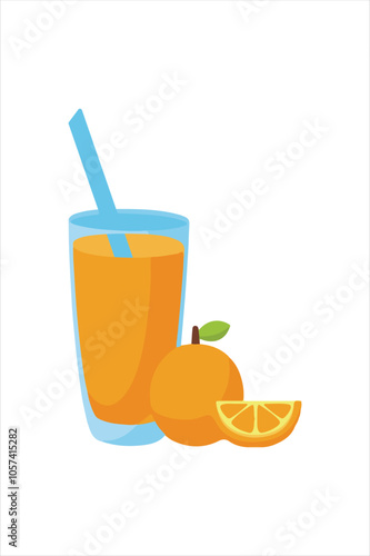 A glass of orange juice with a straw and an orange.