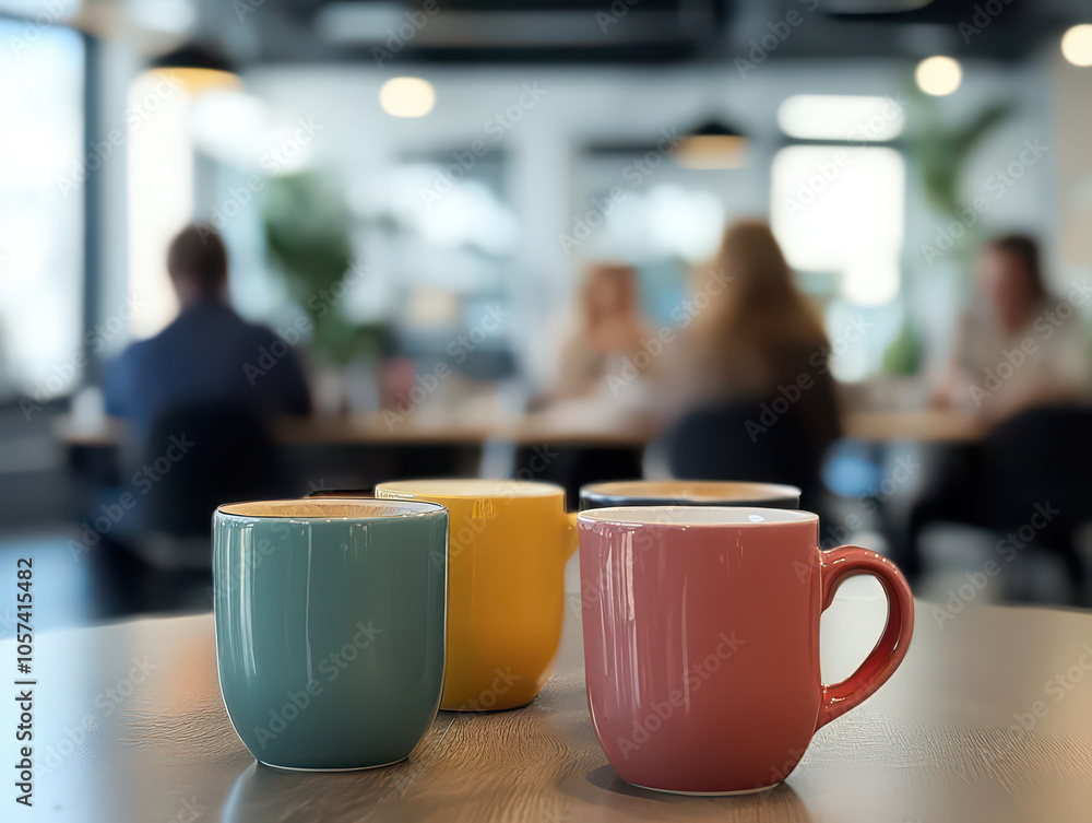 Colorful coffee mugs on a table in a modern, blurred office setting. Colorful coffee mugs on a table in a modern, blurred office setting.