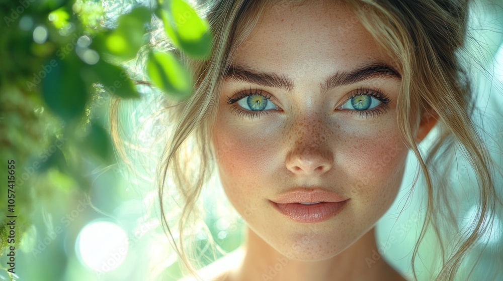 A close-up portrait of a young woman with striking blue eyes and natural beauty. A close-up portrait of a young woman with striking blue eyes and natural beauty.