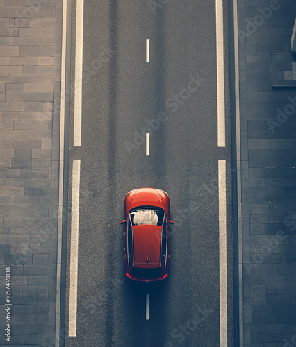 aerial view of modern red car driving on straight asphalt city road with copy space