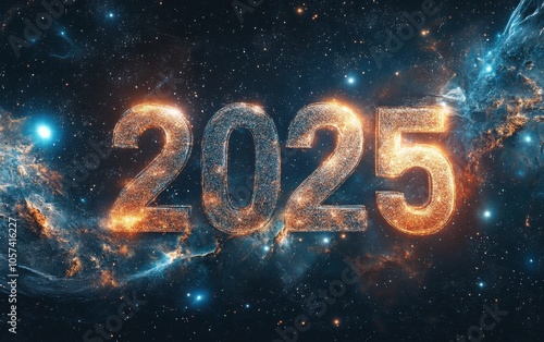 Silver "2025" glowing against a vast, cosmic background with detailed stars and swirling galaxies, a high-detail, ultra-realistic New Year celebration concept