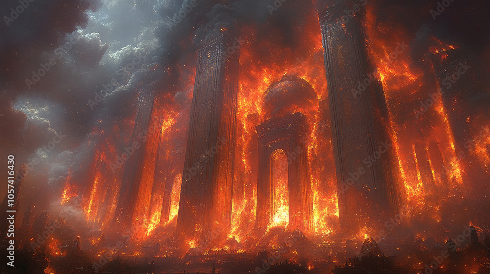 A raging fire consumes ancient structures, casting an eerie glow against dark clouds during twilight A raging fire consumes ancient structures, casting an eerie glow against dark clouds during twilight