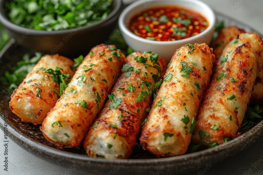 A plate of crispy spring rolls garnished with herbs and served with dipping sauce. A plate of crispy spring rolls garnished with herbs and served with dipping sauce.
