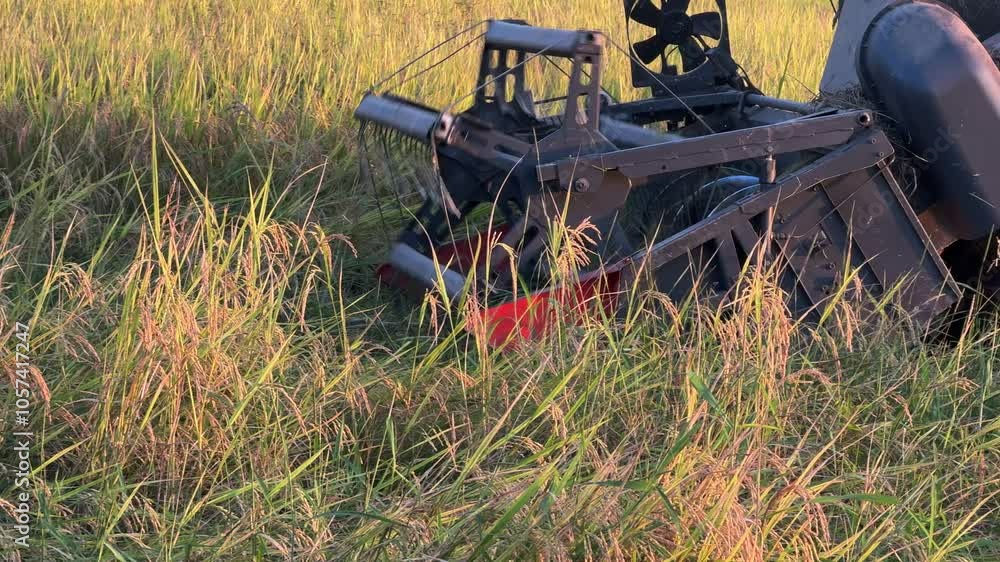 rice harvester that harvests rice ears in paddy fields on a sunny day rice harvester that harvests rice ears in paddy fields on a sunny day