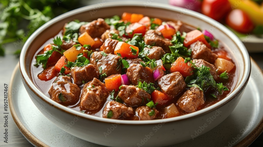 A hearty bowl of stew featuring meat, vegetables, and herbs, perfect for a comforting meal. A hearty bowl of stew featuring meat, vegetables, and herbs, perfect for a comforting meal.