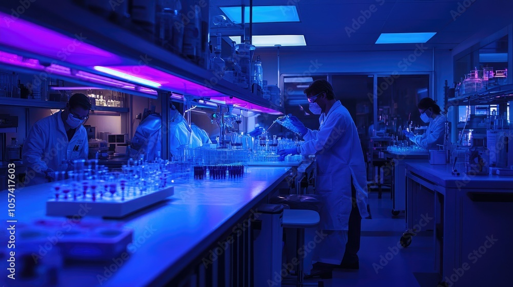 Advanced biotech lab with scientists working on synthetic tissue cultures under blue laboratory lighting Advanced biotech lab with scientists working on synthetic tissue cultures under blue laboratory lighting