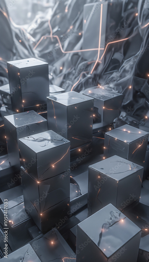Fototapeta premium 3D Abstract Dark Gray Cubes with Soft Glowing Edges
