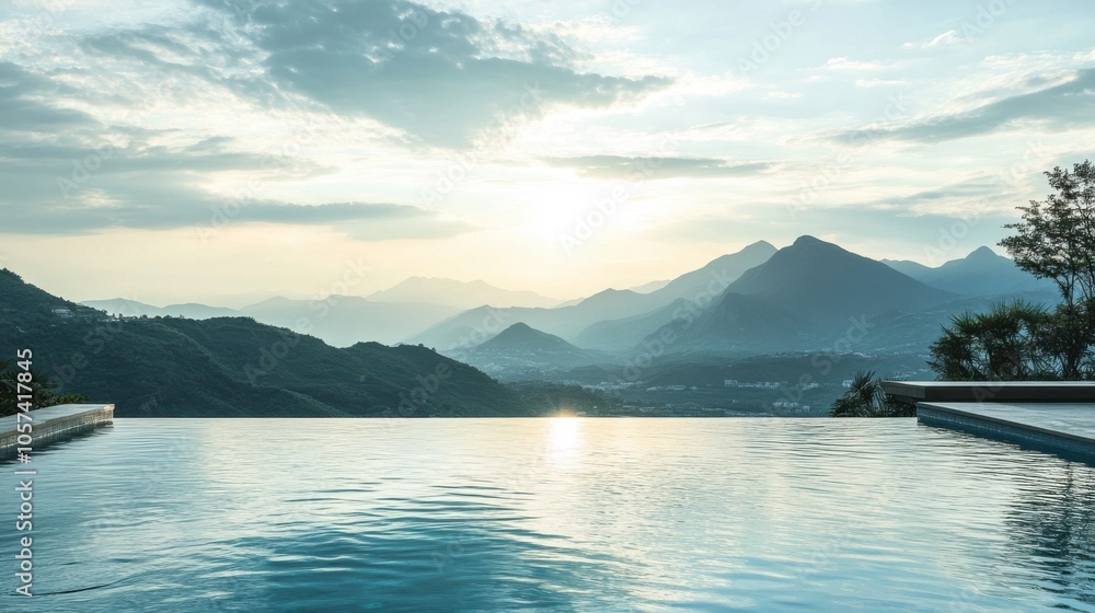 Hotel infinity pool with a stunning view of a distant mountain range Hotel infinity pool with a stunning view of a distant mountain range